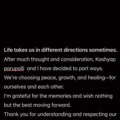 'Life takes us in different directions': Saina Nehwal announces separation from Parupalli Kashyap