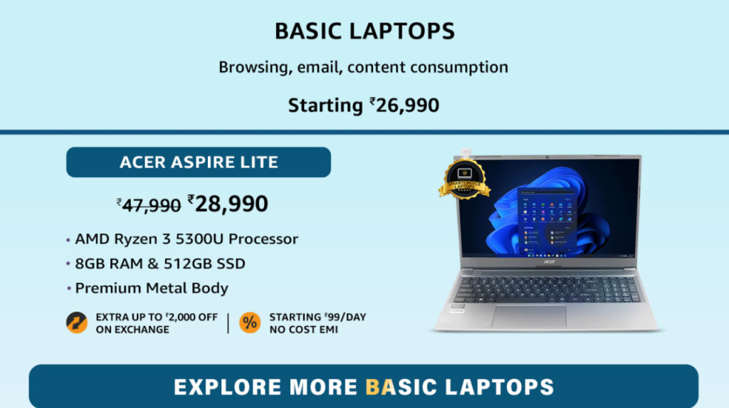 Affordable Basic Laptops: Start at ₹26,990 with Incredible Offers on the Acer Aspire Lite